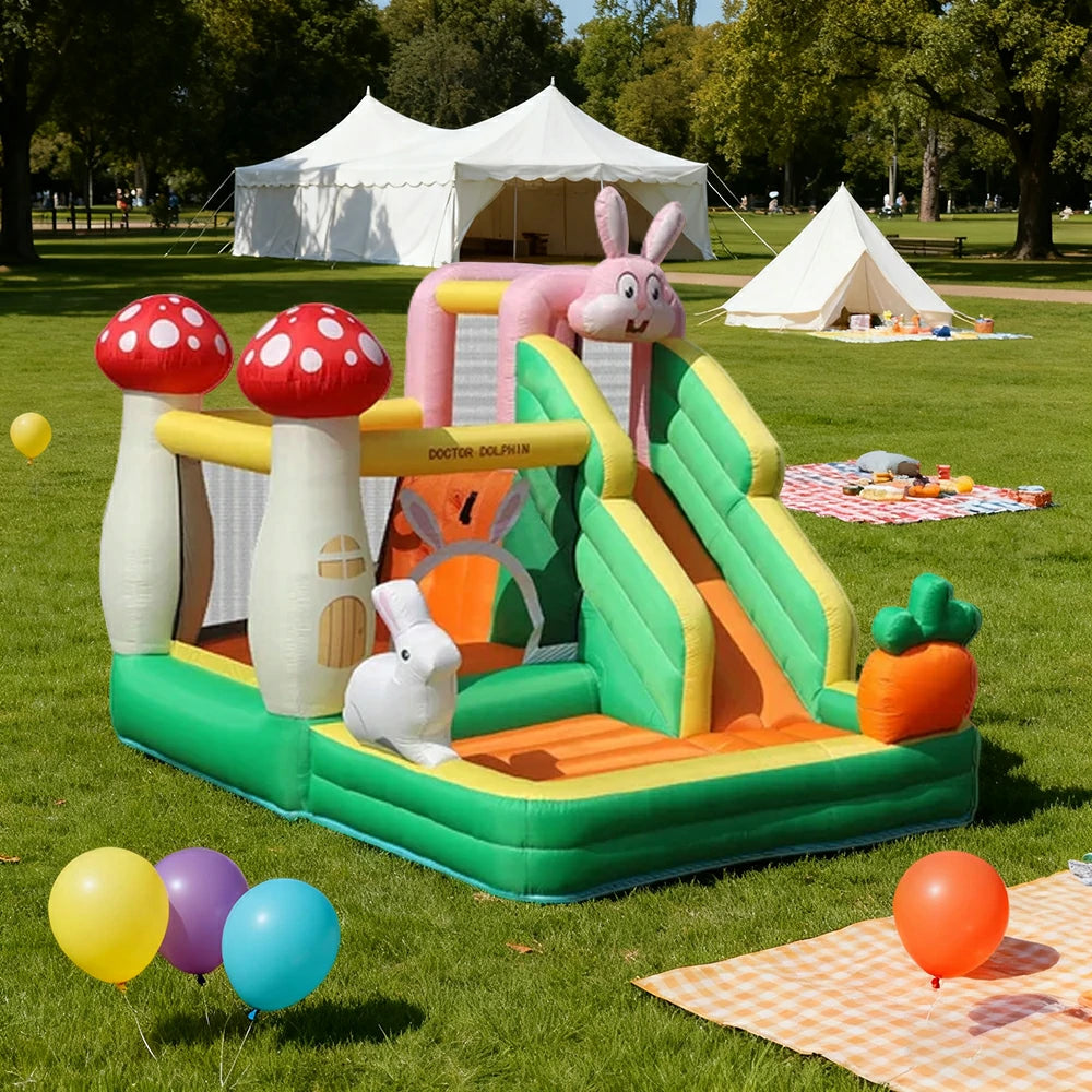 GAMEON Inflatable Bounce Castle - PVC Build with Blower, Bunny Castle with Slide and Mushroom Design