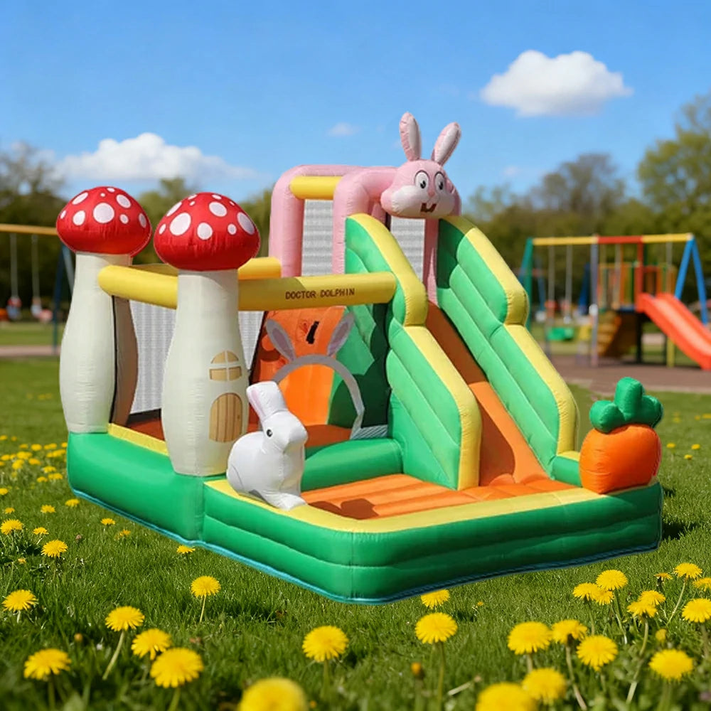 GAMEON Inflatable Bounce Castle - PVC Build with Blower, Bunny Castle with Slide and Mushroom Design