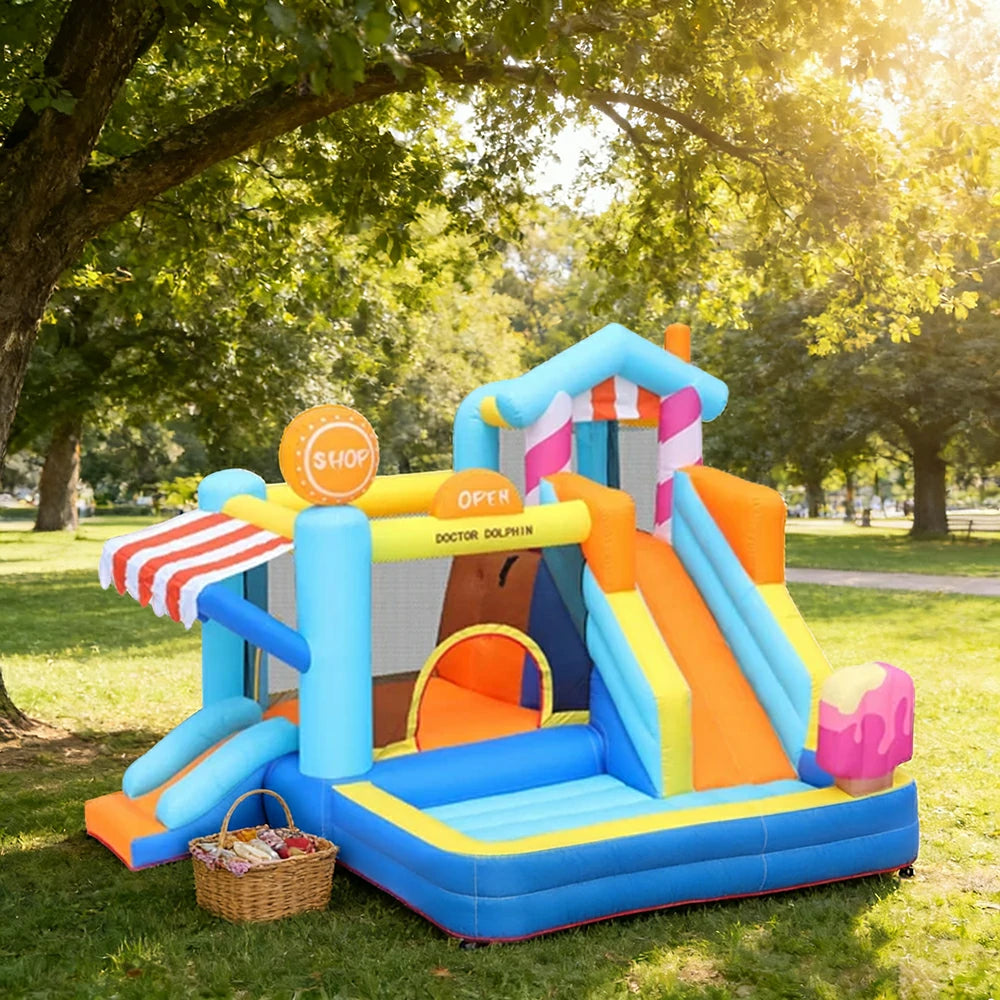 GAMEON Inflatable Bounce Castle - PVC Build with Blower, Ice Cream Shop Theme with Slide