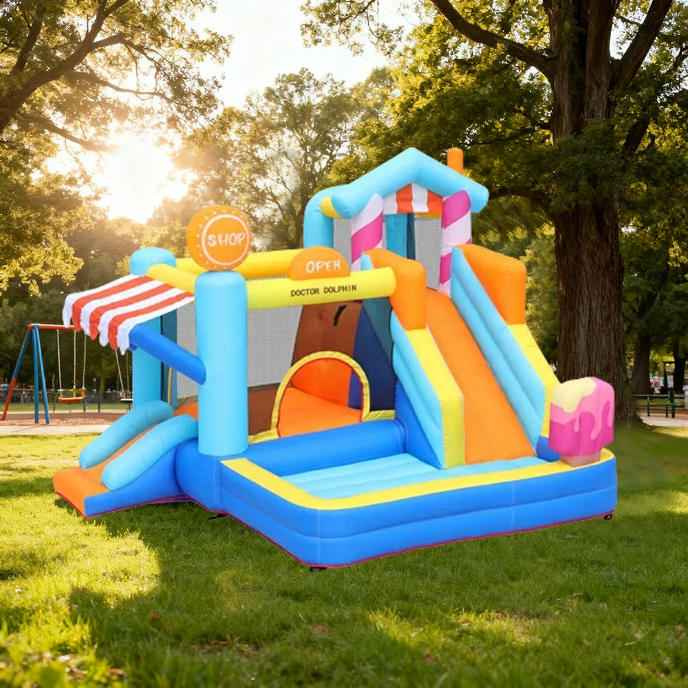 GAMEON Inflatable Bounce Castle - PVC Build with Blower, Ice Cream Shop Theme with Slide