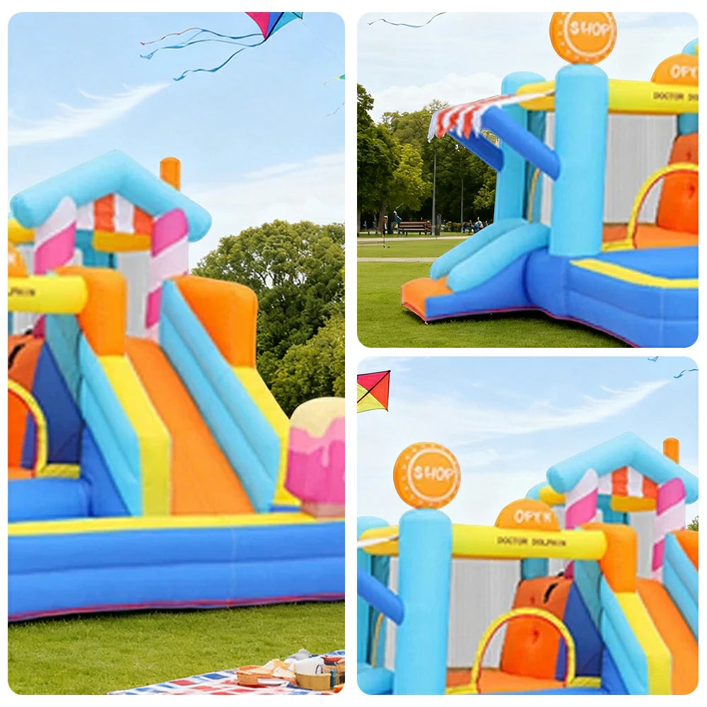 GAMEON Inflatable Bounce Castle - PVC Build with Blower, Ice Cream Shop Theme with Slide