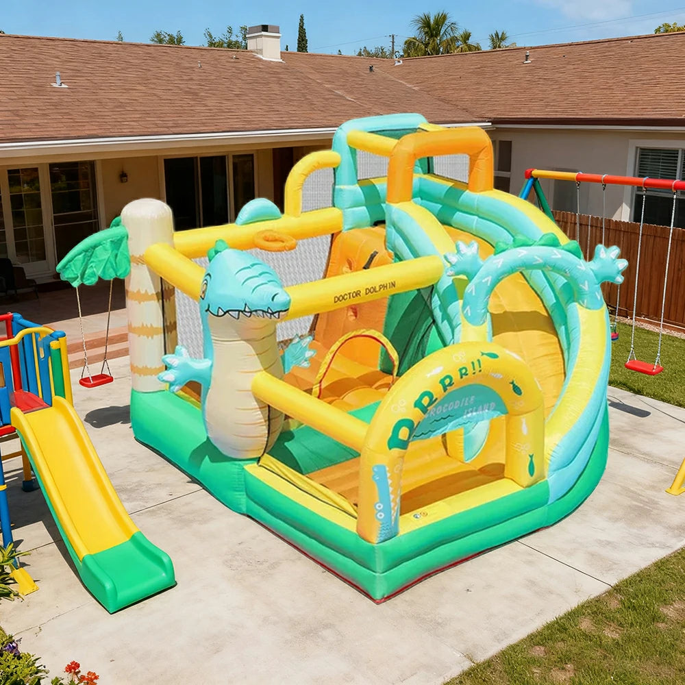 GAMEON Inflatable Bounce Castle - PVC Build with Blower, Dinosaur Castle Theme with Slide