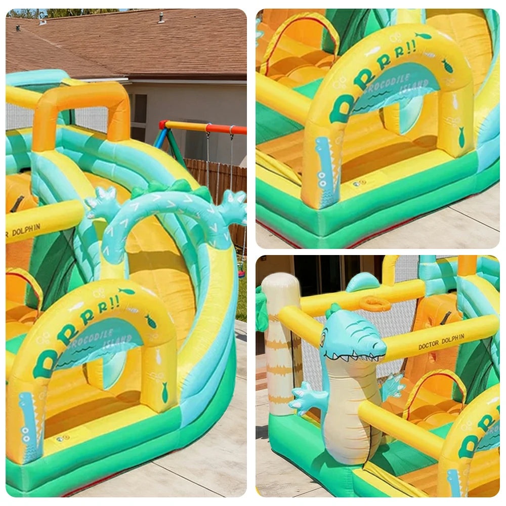 GAMEON Inflatable Bounce Castle - PVC Build with Blower, Dinosaur Castle Theme with Slide