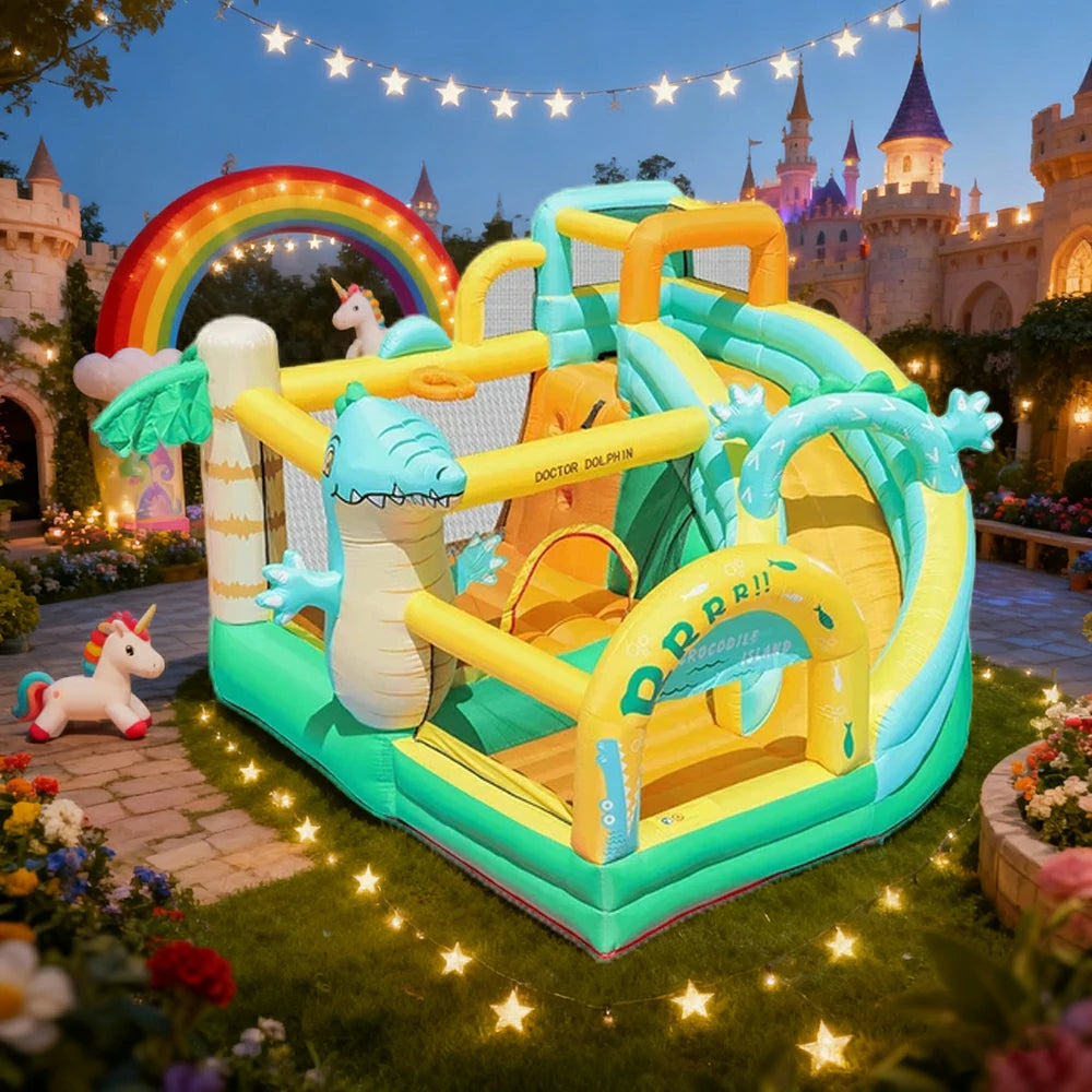 GAMEON Inflatable Bounce Castle - PVC Build with Blower, Dinosaur Castle Theme with Slide