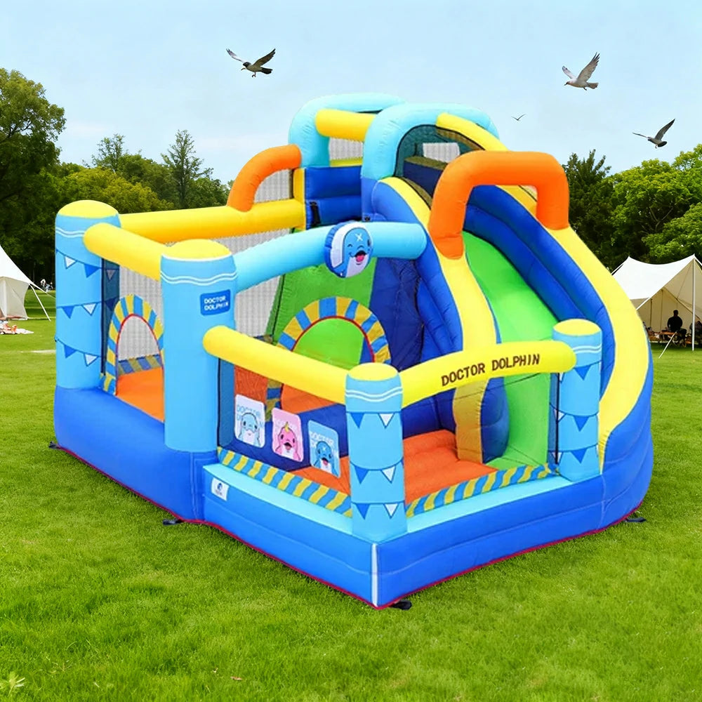 GAMEON Inflatable Bounce Castle - PVC Build with Blower, Dolphin Castle with Slide