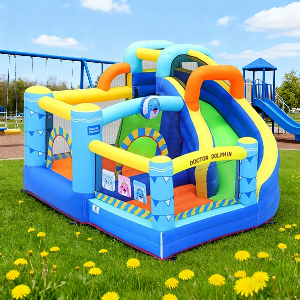 GAMEON Inflatable Bounce Castle - PVC Build with Blower, Dolphin Castle with Slide