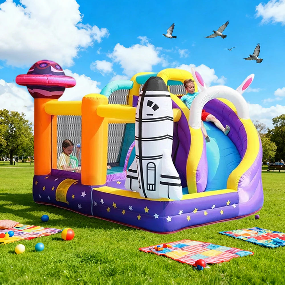 GAMEON Inflatable Bounce Castle - PVC Build with Blower, Space Theme with Rocket and UFO