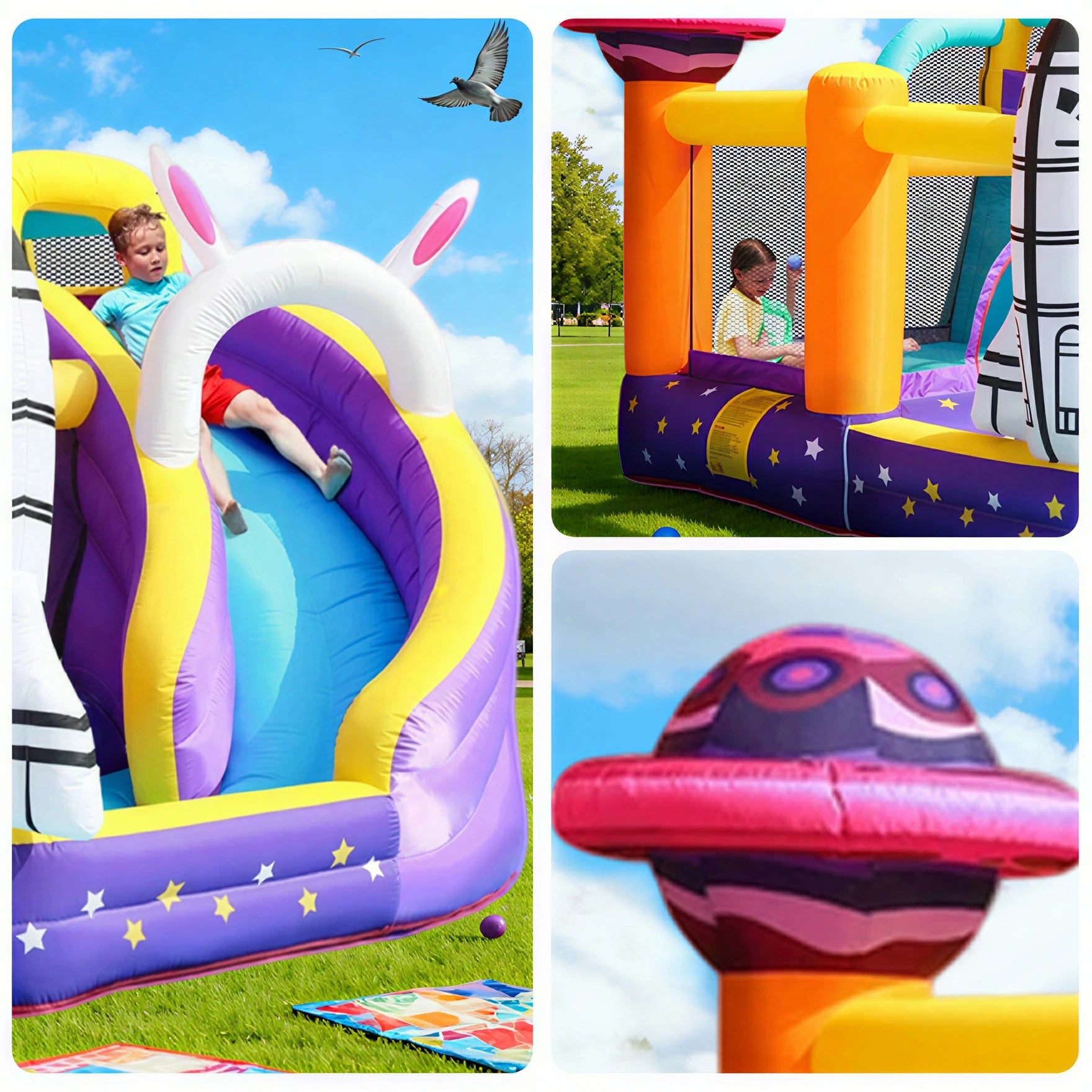 GAMEON Inflatable Bounce Castle - PVC Build with Blower, Space Theme with Rocket and UFO