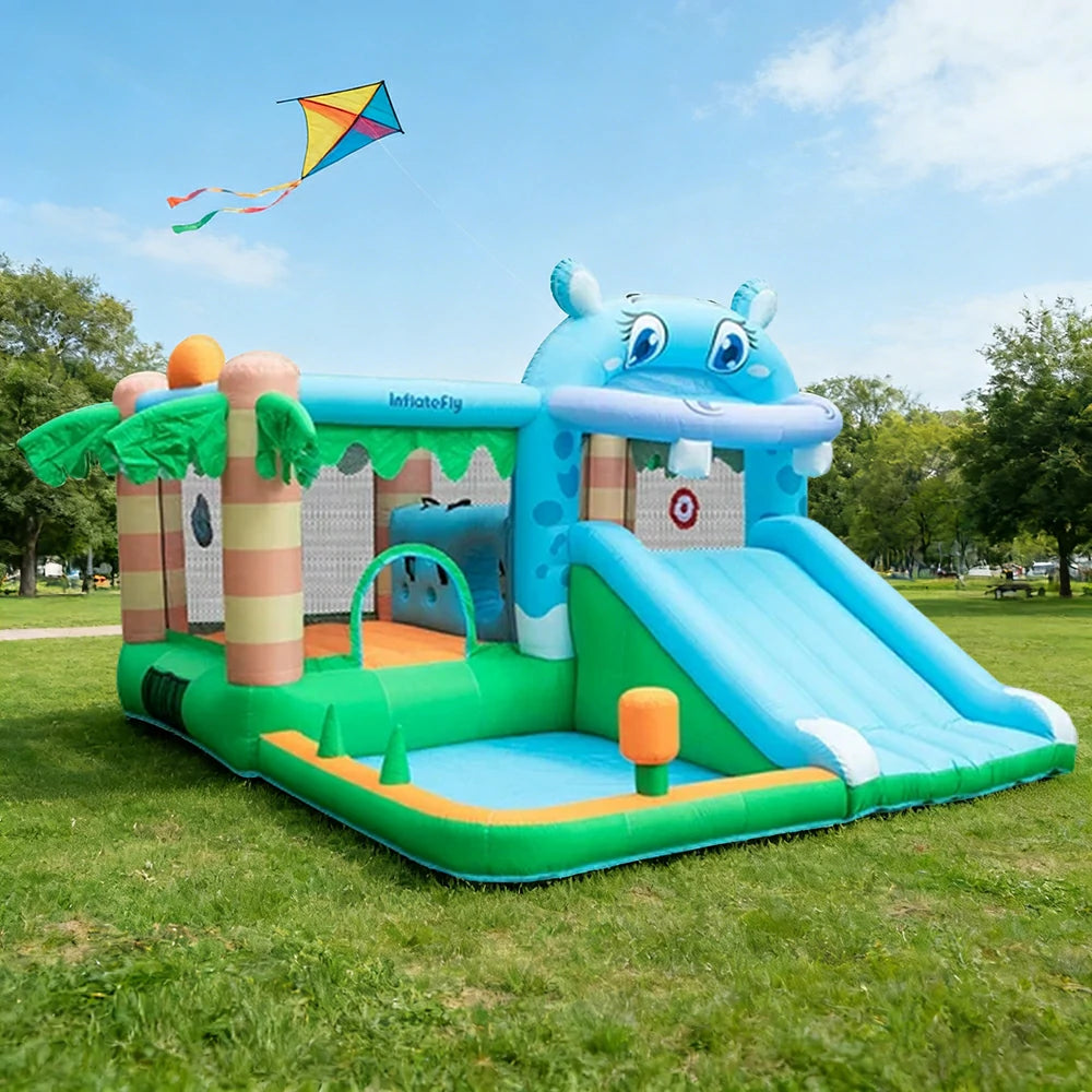 GAMEON Inflatable Bounce Castle - PVC Build with Blower, Hippo Castle Theme with Slide