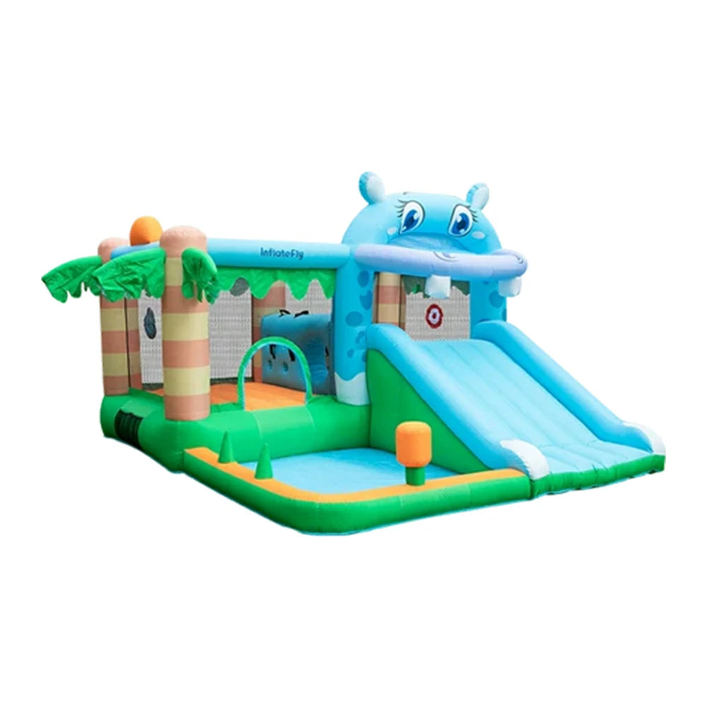 GAMEON Inflatable Bounce Castle - PVC Build with Blower, Hippo Castle Theme with Slide