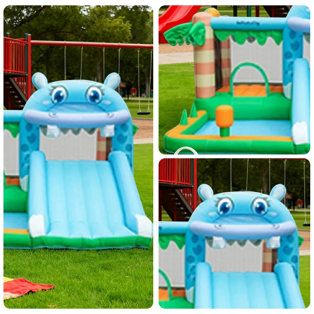 GAMEON Inflatable Bounce Castle - PVC Build with Blower, Hippo Castle Theme with Slide