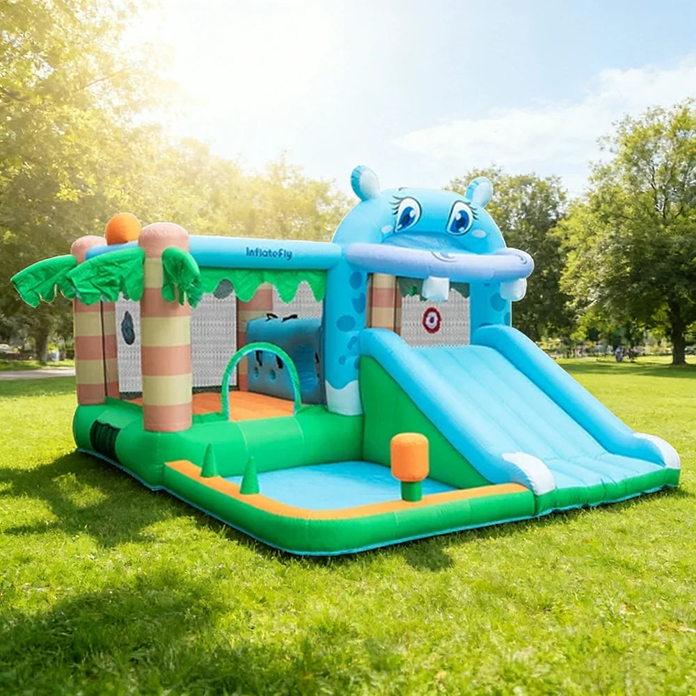 GAMEON Inflatable Bounce Castle - PVC Build with Blower, Hippo Castle Theme with Slide
