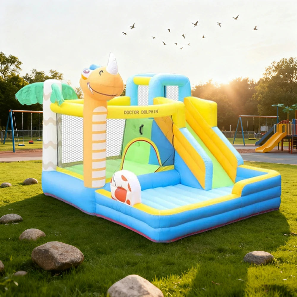 GAMEON Inflatable Bounce Castle - PVC Build with Blower, Dinosaur Castle Theme with Slide