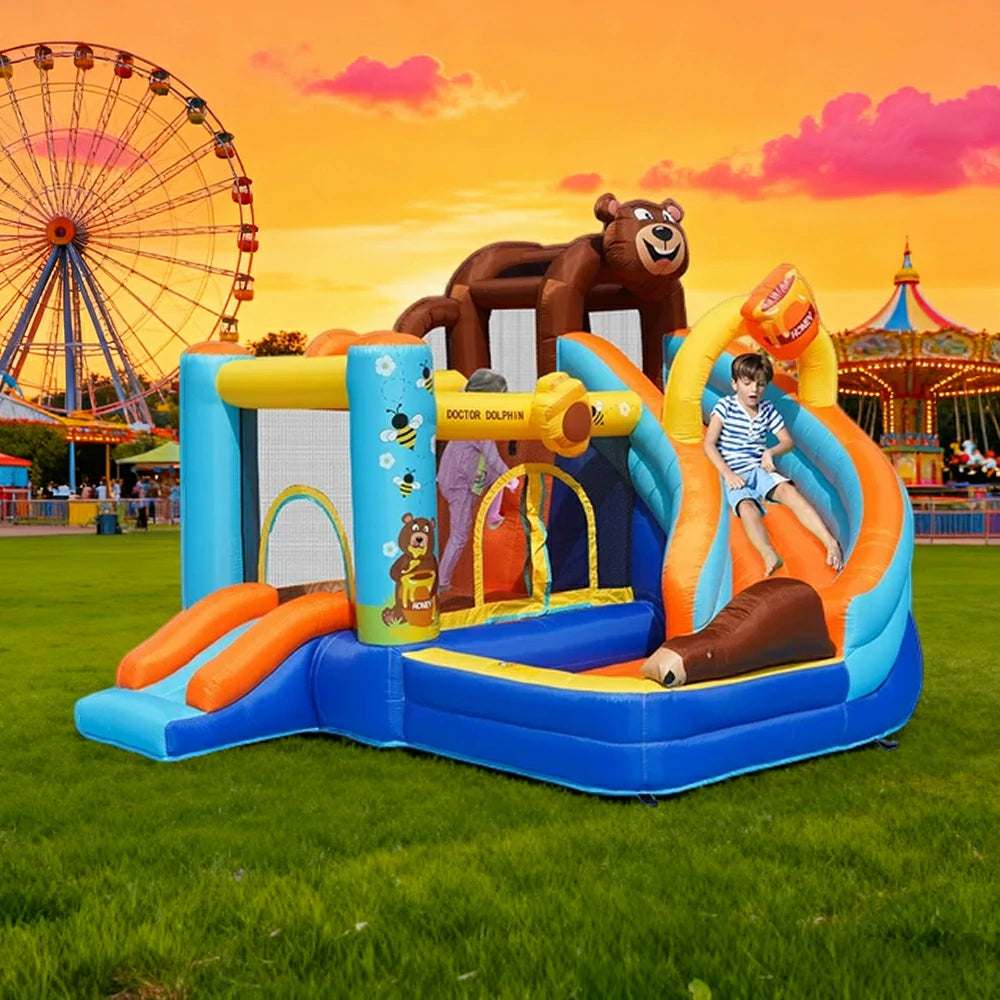 GAMEON Inflatable Bounce Castle - PVC Build with Blower, Bear Castle Theme with Slide