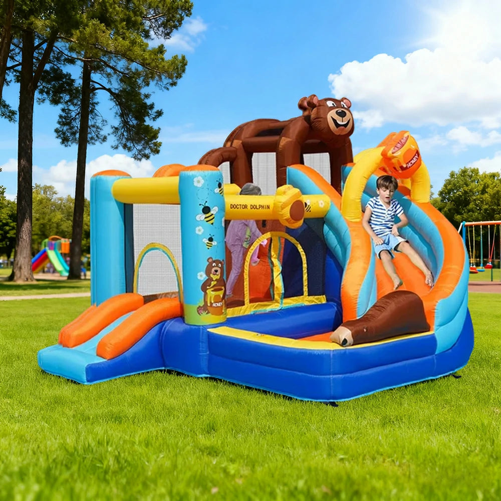GAMEON Inflatable Bounce Castle - PVC Build with Blower, Bear Castle Theme with Slide