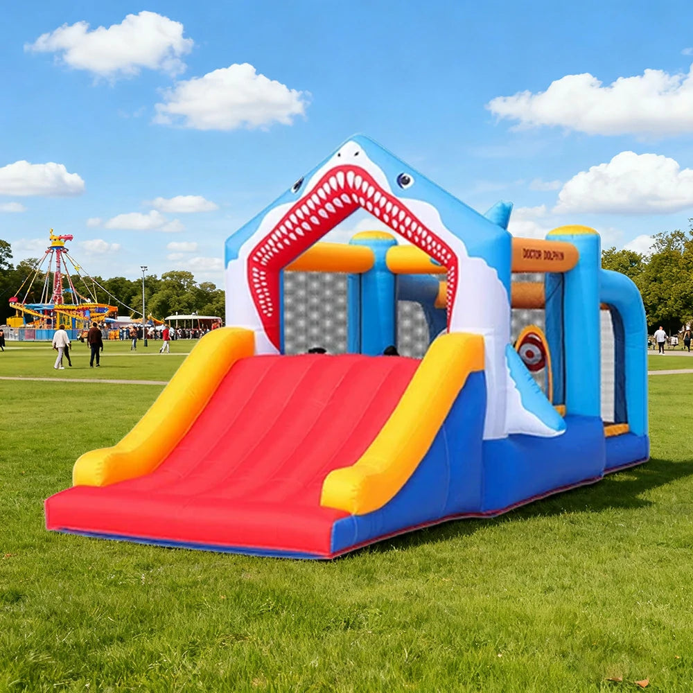 GAMEON Inflatable Bounce Castle - PVC Build with Blower, Shark Slide Theme