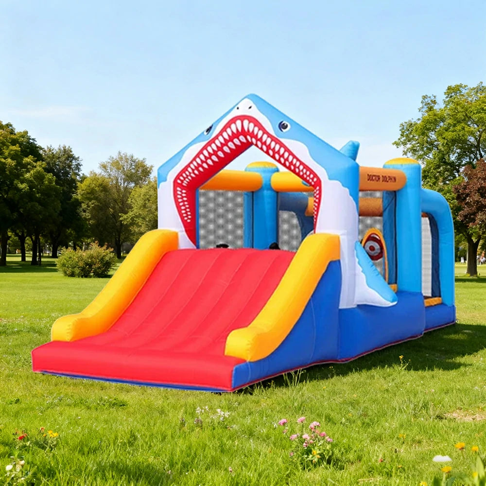 GAMEON Inflatable Bounce Castle - PVC Build with Blower, Shark Slide Theme