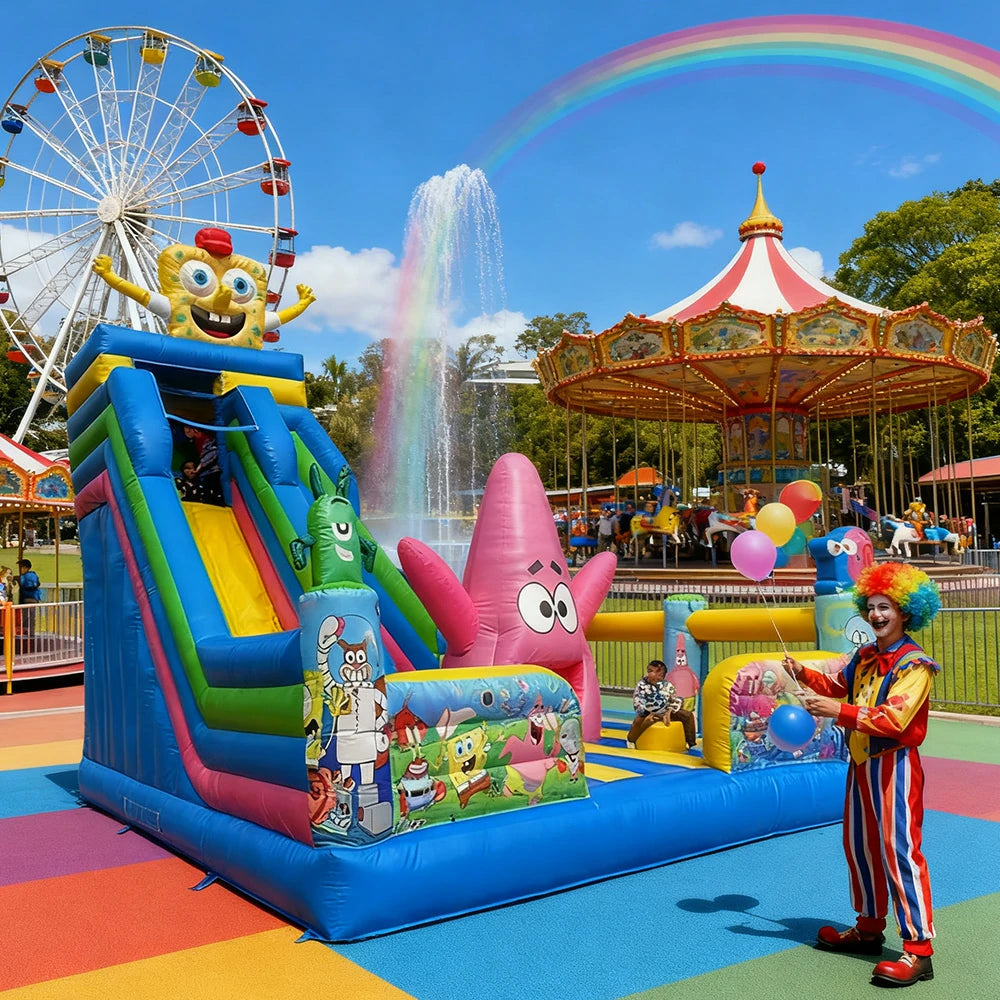 GAMEON Colorful Cartoon Theme Bounce House 5X6m PVC Inflatable Castle for Kids Outdoor Fun Bouncy Playland