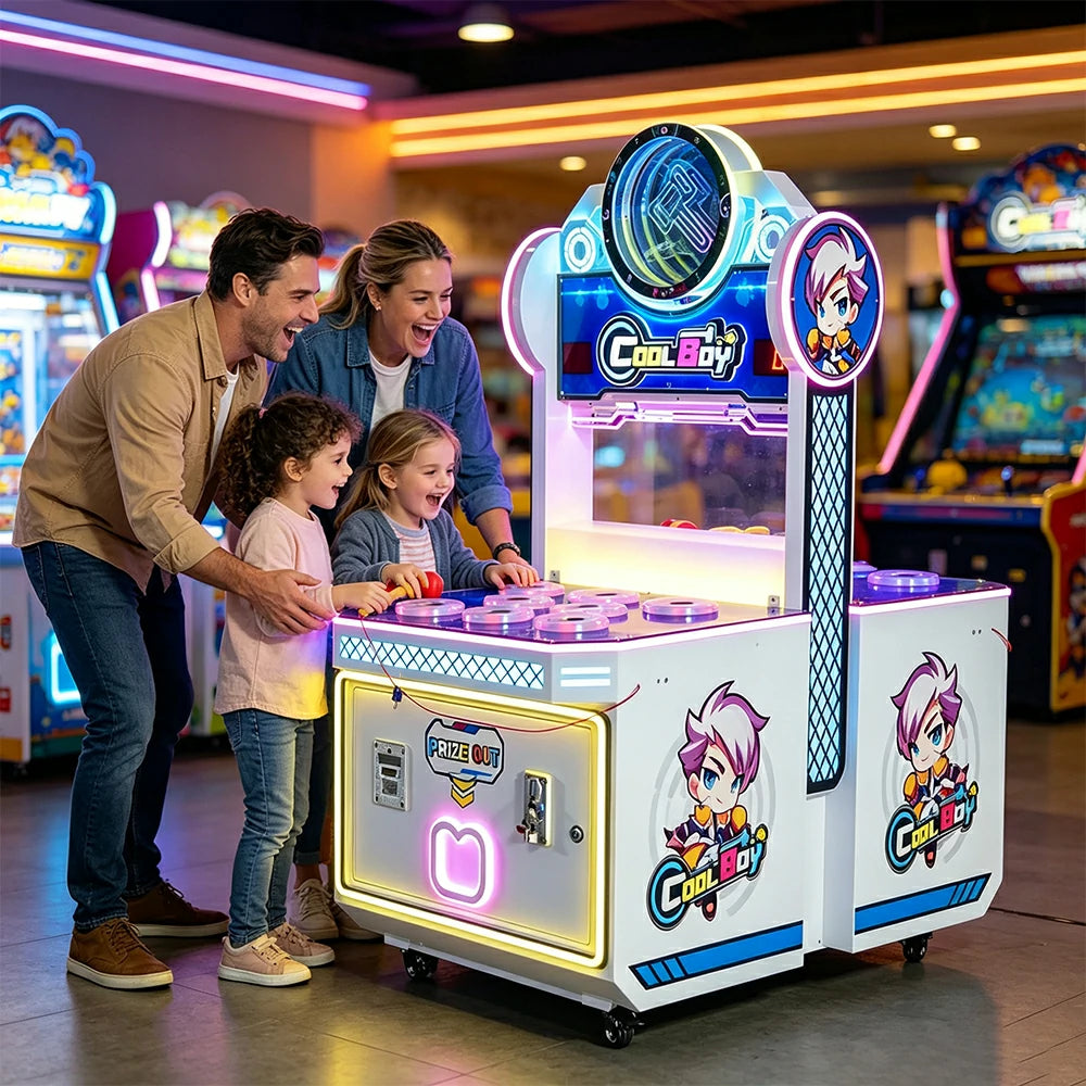 GAMEON Cute Boy Whack A Mole Arcade Machine - Dual Player Interactive Game Cabinet with LED Lights & Prize Ticket Function for Family Entertainment - White