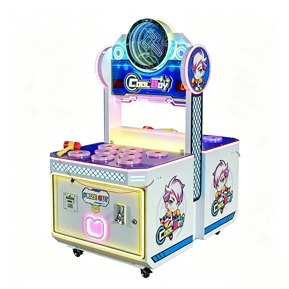 GAMEON Cute Boy Whack A Mole Arcade Machine - Dual Player Interactive Game Cabinet with LED Lights & Prize Ticket Function for Family Entertainment - White