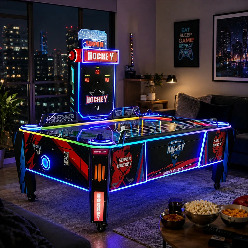 GAMEON Air Hockey Arcade Machine - Dual Player Competitive Game Table with LED Lights, Score Display & Coin Operation for Family Entertainment - Black