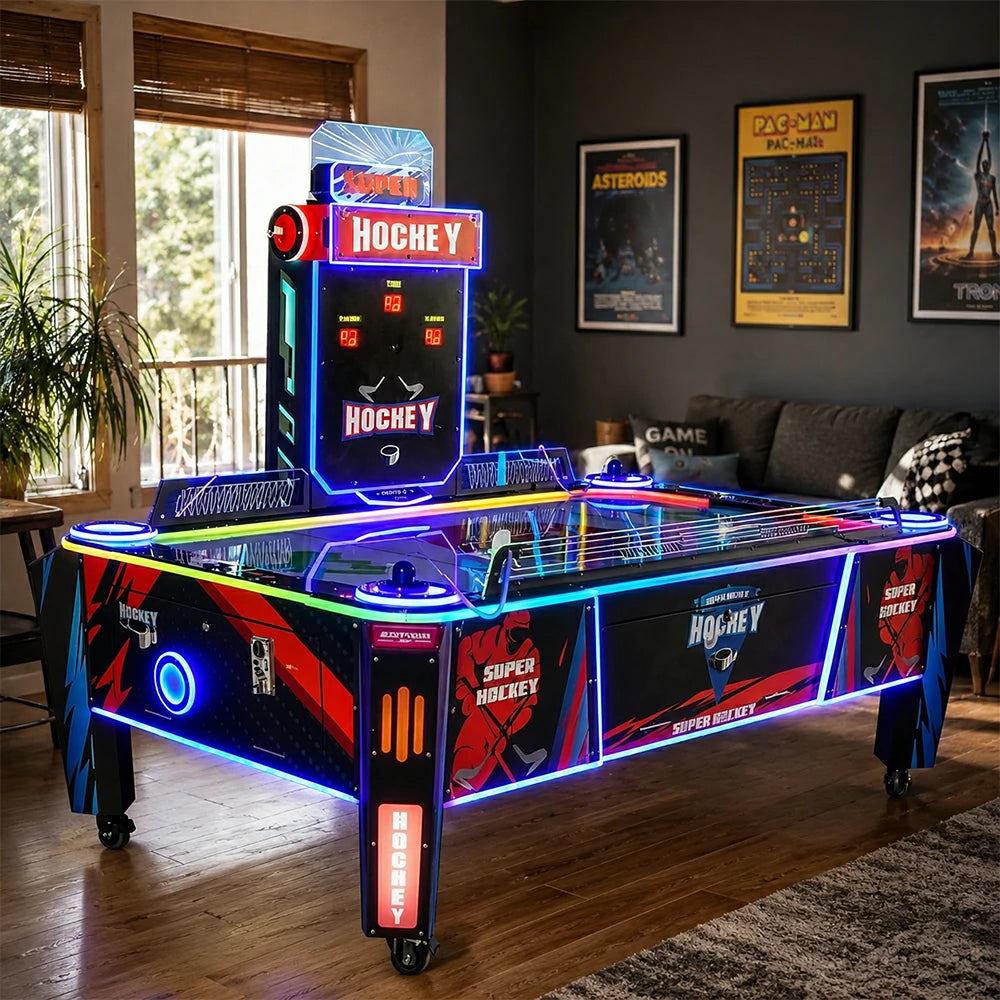 GAMEON Air Hockey Arcade Machine - Dual Player Competitive Game Table with LED Lights, Score Display & Coin Operation for Family Entertainment - Black