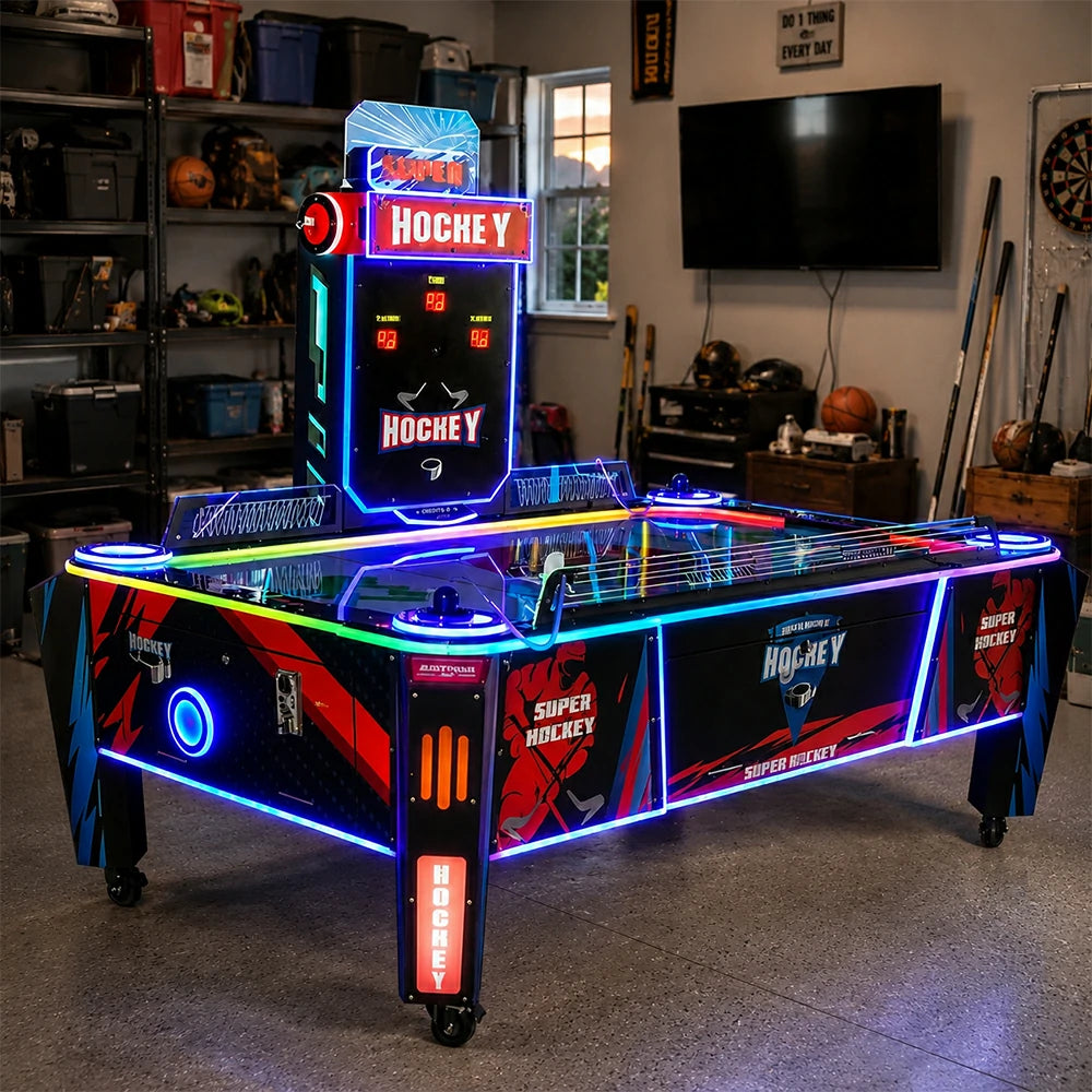 GAMEON Air Hockey Arcade Machine - Dual Player Competitive Game Table with LED Lights, Score Display & Coin Operation for Family Entertainment - Black