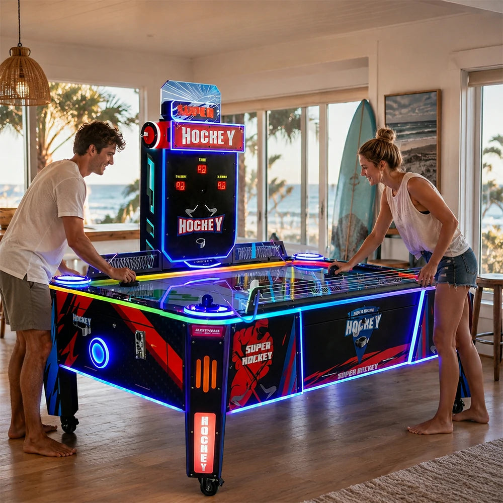 GAMEON Air Hockey Arcade Machine - Dual Player Competitive Game Table with LED Lights, Score Display & Coin Operation for Family Entertainment - Black