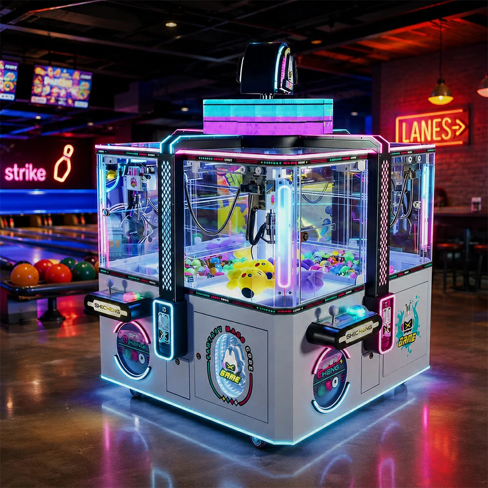 GAMEON Fantasy Magic Cube Claw Machine - Four Player Island Prize Arcade Game Cabinet with LED Lights & Transparent Display for Entertainment Venues - White