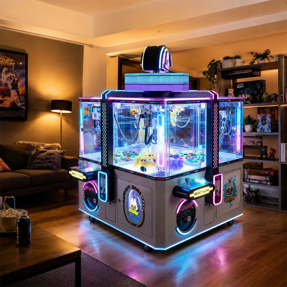 GAMEON Fantasy Magic Cube Claw Machine - Four Player Island Prize Arcade Game Cabinet with LED Lights & Transparent Display for Entertainment Venues - White