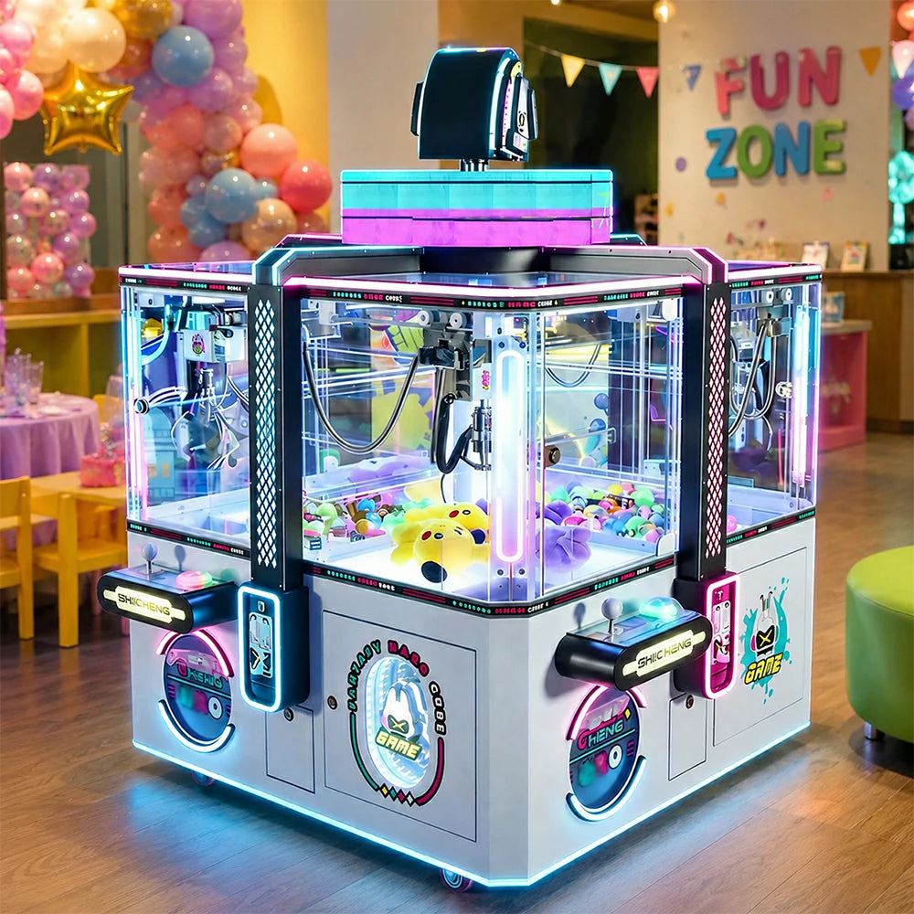 GAMEON Fantasy Magic Cube Claw Machine - Four Player Island Prize Arcade Game Cabinet with LED Lights & Transparent Display for Entertainment Venues - White