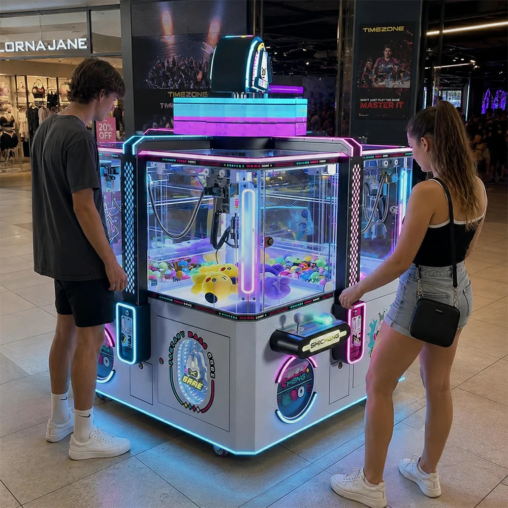 GAMEON Fantasy Magic Cube Claw Machine - Four Player Island Prize Arcade Game Cabinet with LED Lights & Transparent Display for Entertainment Venues - White