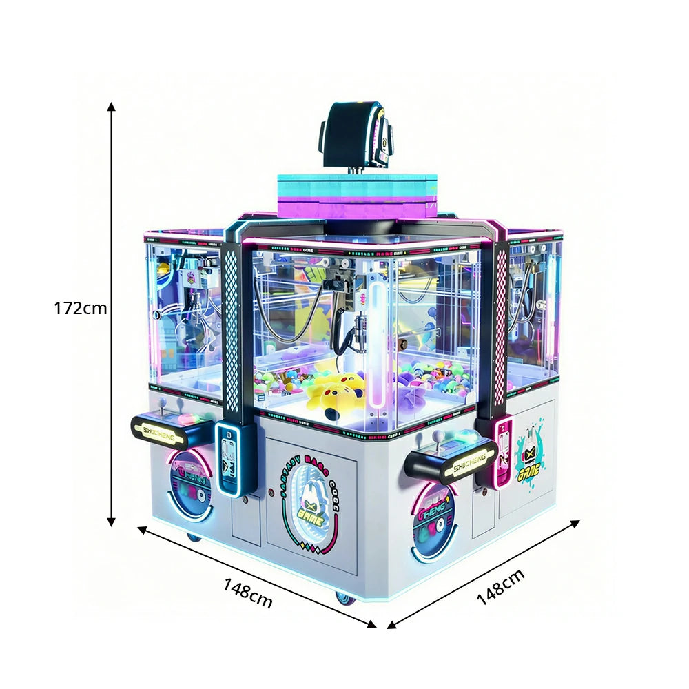 GAMEON Fantasy Magic Cube Claw Machine - Four Player Island Prize Arcade Game Cabinet with LED Lights & Transparent Display for Entertainment Venues - White