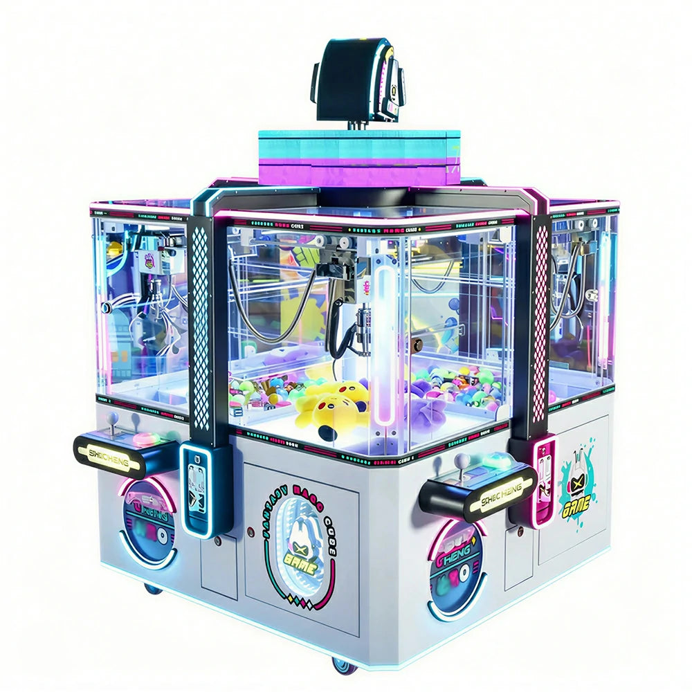 GAMEON Fantasy Magic Cube Claw Machine - Four Player Island Prize Arcade Game Cabinet with LED Lights & Transparent Display for Entertainment Venues - White