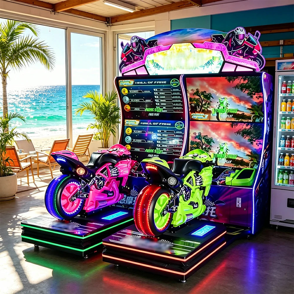 GAMEON Dynamic Motorcycle Simulator - Dual Player Racing Arcade Machine with 50 Inch HD Display, Motion System & LED Effects for Entertainment Venues - Black