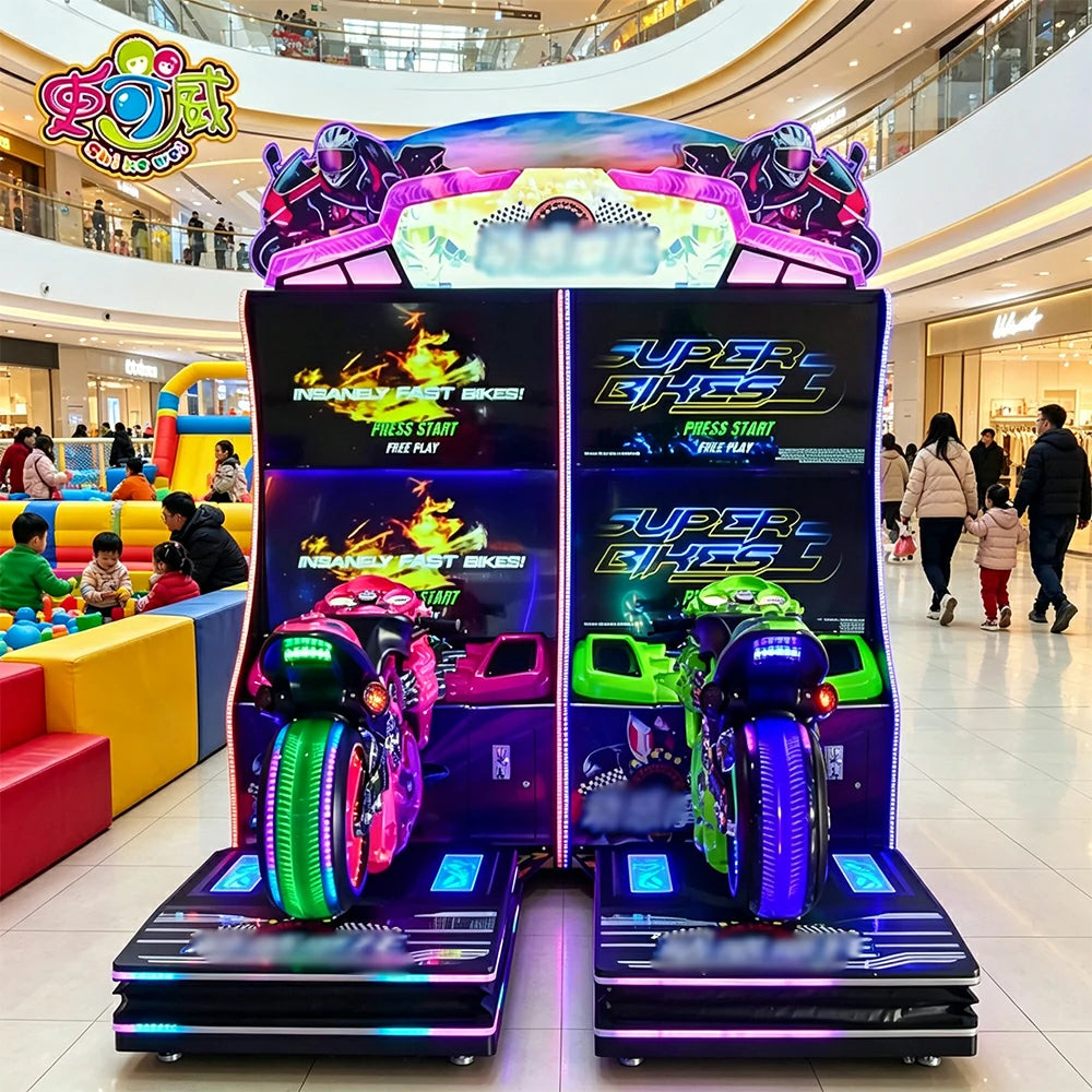 GAMEON Dynamic Motorcycle Simulator - Dual Player Racing Arcade Machine with 50 Inch HD Display, Motion System & LED Effects for Entertainment Venues - Black