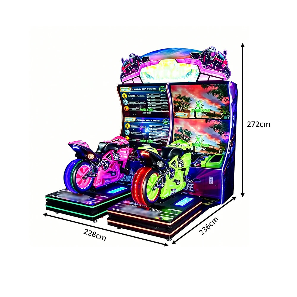 GAMEON Dynamic Motorcycle Simulator - Dual Player Racing Arcade Machine with 50 Inch HD Display, Motion System & LED Effects for Entertainment Venues - Black