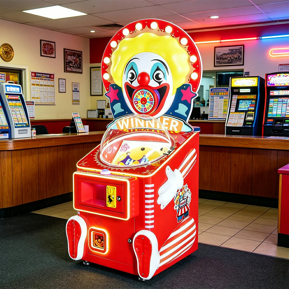 GAMEON Happy Master Candy Machine - Clown Theme Prize Arcade Game with LED Lights, Reward Wheel & Coin Operated Gift Dispenser for Kids Entertainment - Red