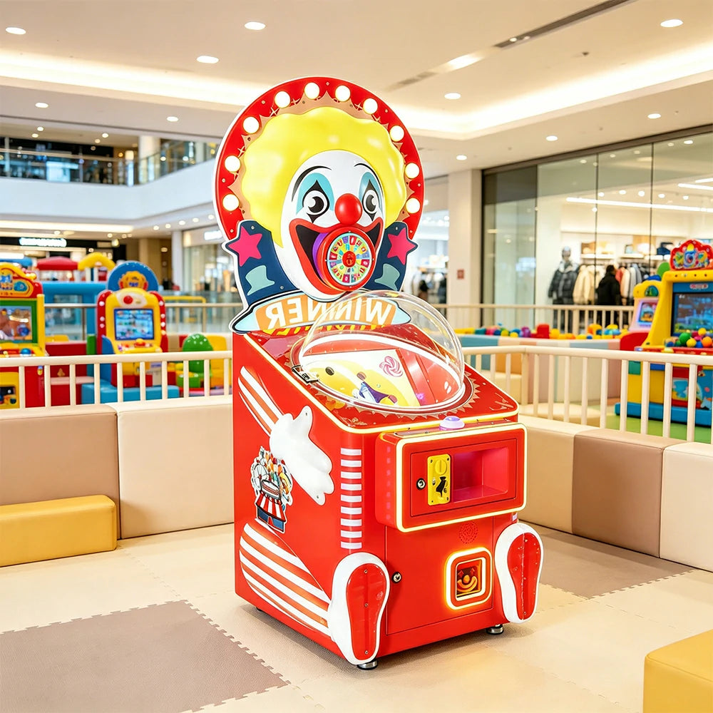GAMEON Happy Master Candy Machine - Clown Theme Prize Arcade Game with LED Lights, Reward Wheel & Coin Operated Gift Dispenser for Kids Entertainment - Red