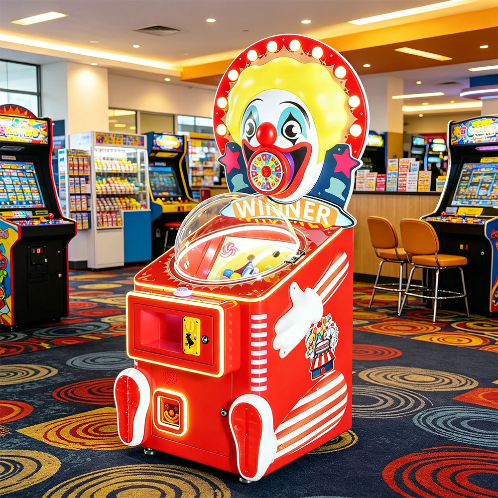 GAMEON Happy Master Candy Machine - Clown Theme Prize Arcade Game with LED Lights, Reward Wheel & Coin Operated Gift Dispenser for Kids Entertainment - Red