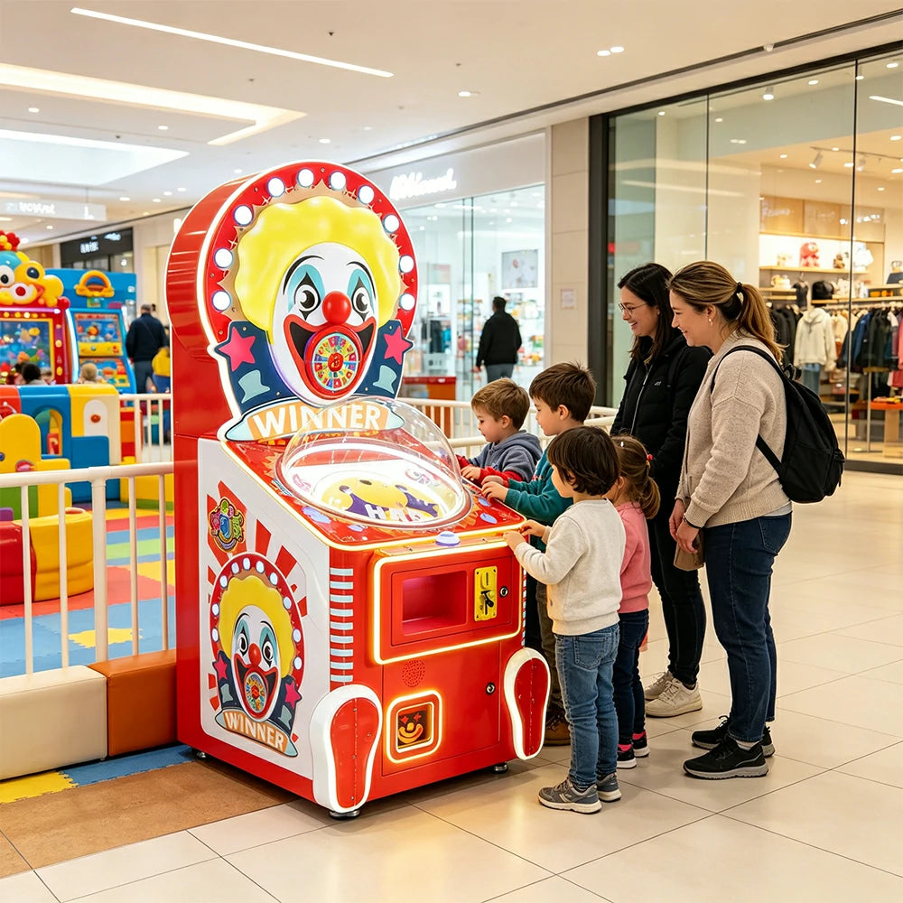 GAMEON Happy Master Candy Machine - Clown Theme Prize Arcade Game with LED Lights, Reward Wheel & Coin Operated Gift Dispenser for Kids Entertainment - Red