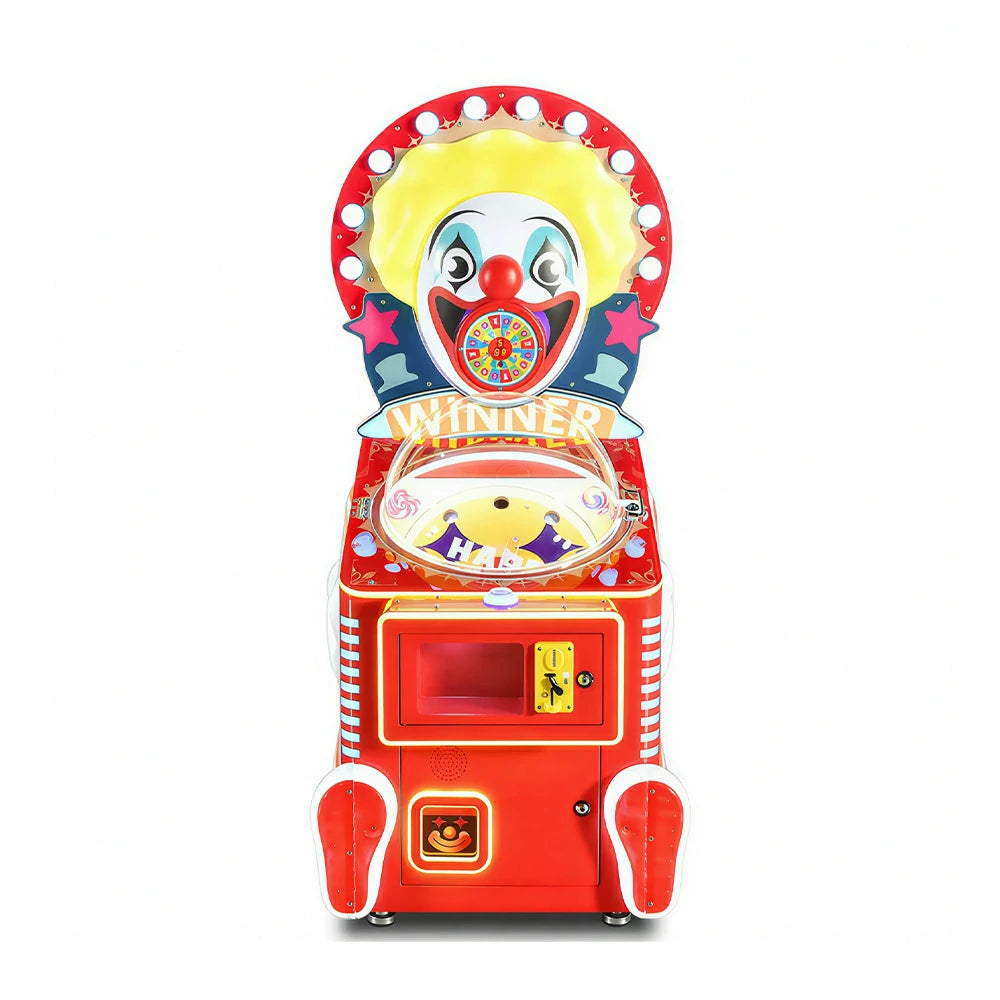 GAMEON Happy Master Candy Machine - Clown Theme Prize Arcade Game with LED Lights, Reward Wheel & Coin Operated Gift Dispenser for Kids Entertainment - Red