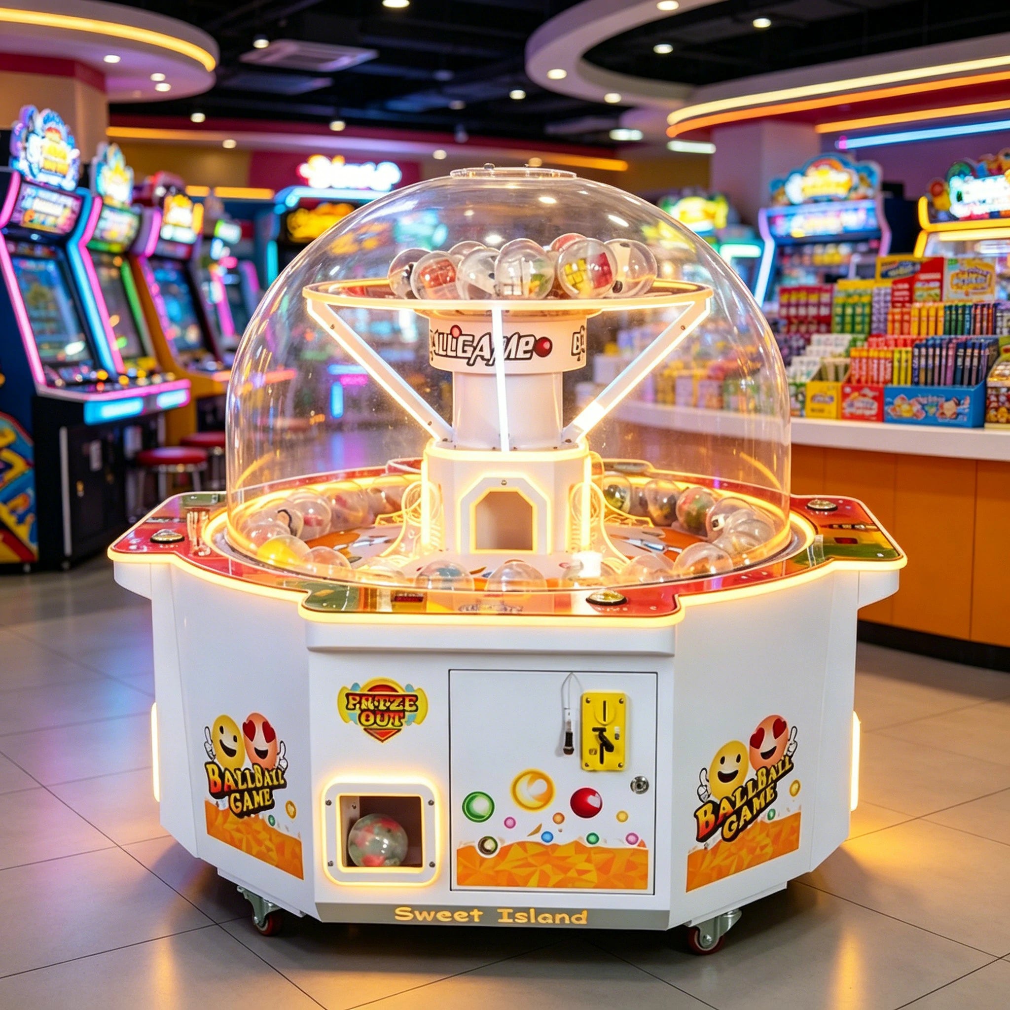 GAMEON Lucky Strike Capsule Machine - Four Player Island Prize Arcade Game with LED Lights, Transparent Display & Coin Operation for Entertainment Venues - White