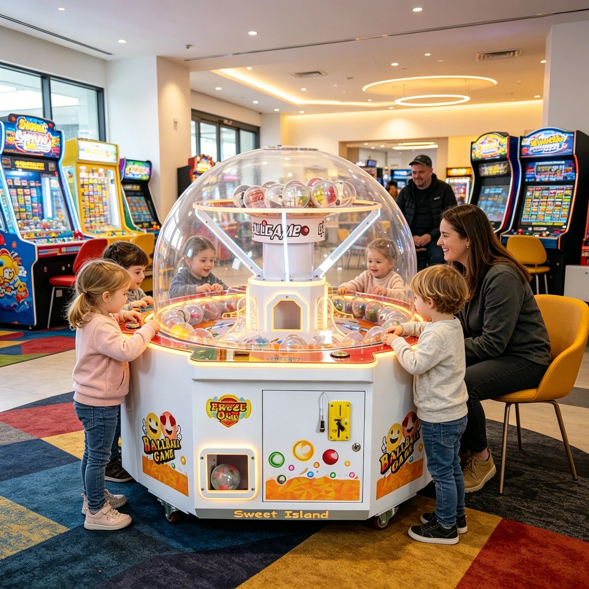GAMEON Lucky Strike Capsule Machine - Four Player Island Prize Arcade Game with LED Lights, Transparent Display & Coin Operation for Entertainment Venues - White