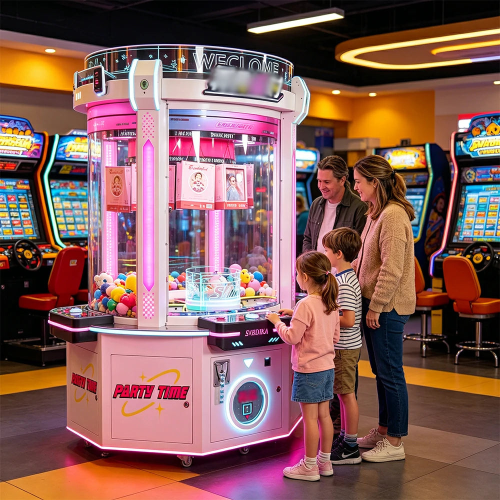 GAMEON Snack Party Prize Machine - Four Player Island Arcade Gift Machine with LED Lights, Transparent Display & Coin Operation for Entertainment Venues - White
