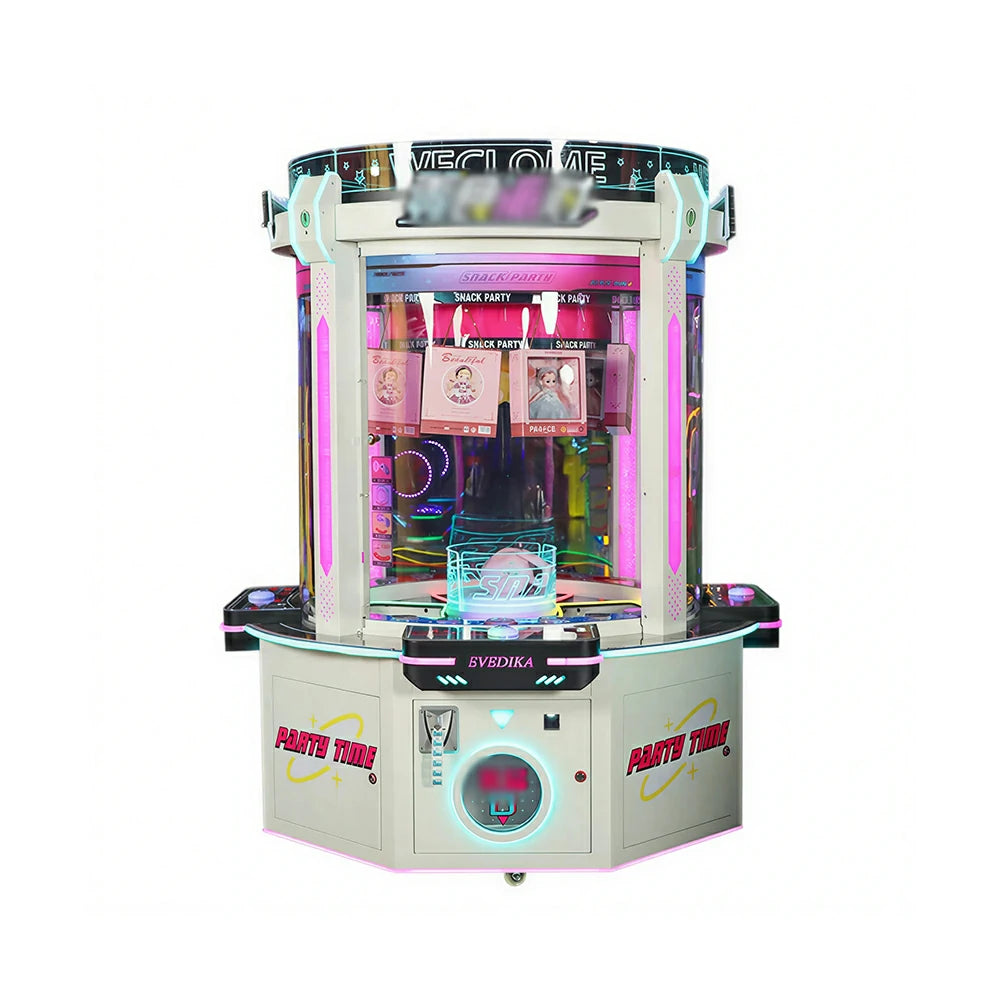 GAMEON Snack Party Prize Machine - Four Player Island Arcade Gift Machine with LED Lights, Transparent Display & Coin Operation for Entertainment Venues - White