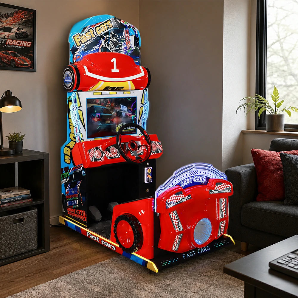 GAMEON Kids Racing Simulator - Interactive Driving Arcade Machine with Steering Wheel, HD Display & Coin Operation for Family Entertainment - Red