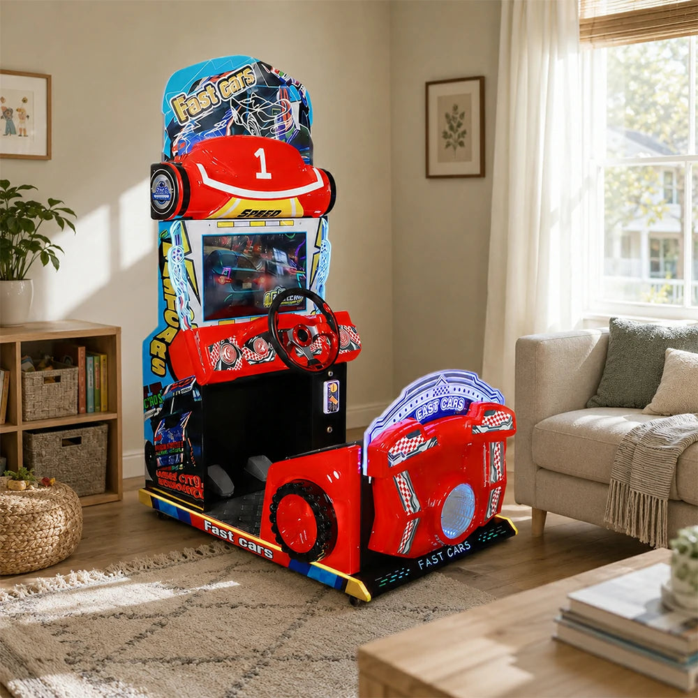 GAMEON Kids Racing Simulator - Interactive Driving Arcade Machine with Steering Wheel, HD Display & Coin Operation for Family Entertainment - Red