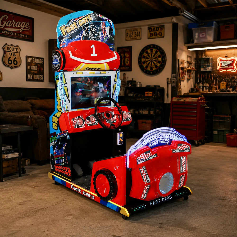GAMEON Kids Racing Simulator - Interactive Driving Arcade Machine with Steering Wheel, HD Display & Coin Operation for Family Entertainment - Red