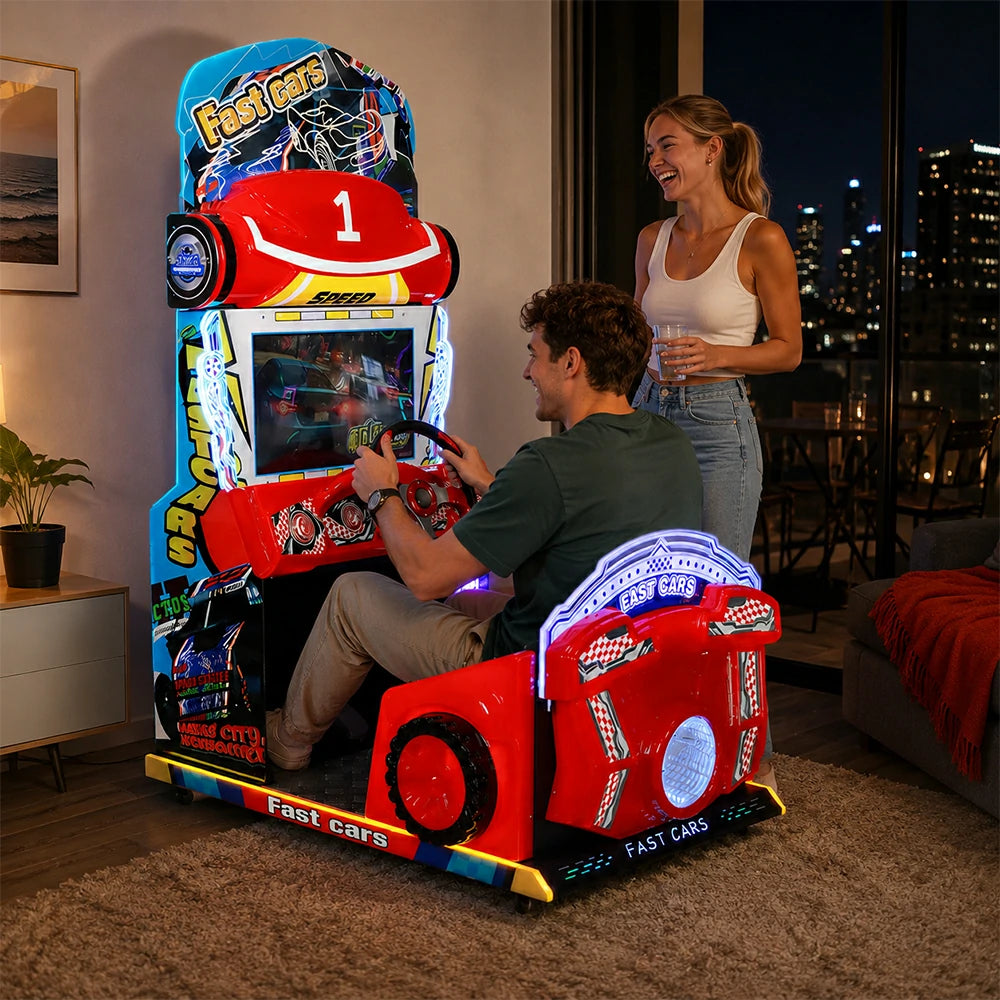 GAMEON Kids Racing Simulator - Interactive Driving Arcade Machine with Steering Wheel, HD Display & Coin Operation for Family Entertainment - Red